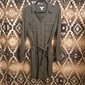 Daily Ritual Olive Button-Front Utility Shirtdress